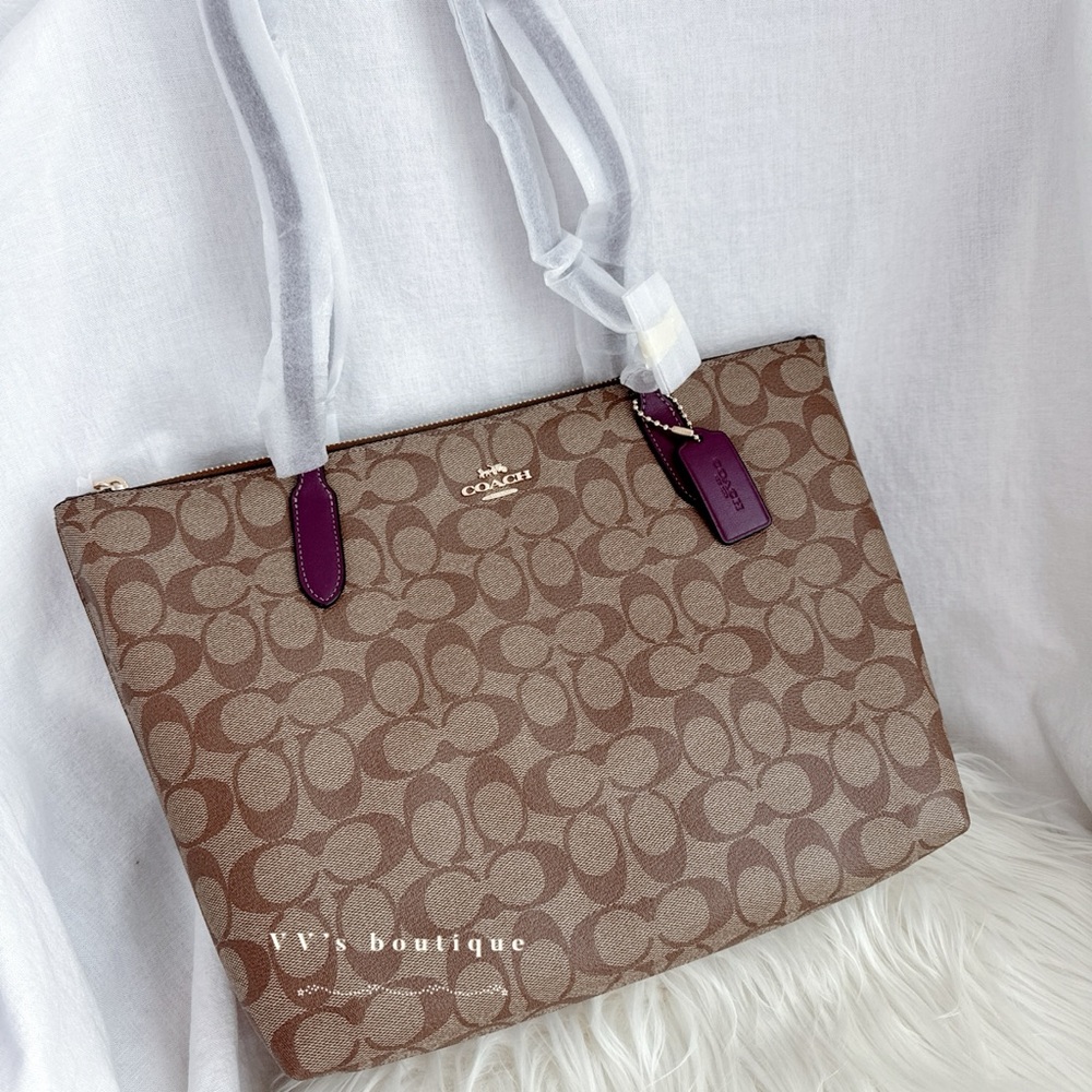 NWT Coach Zip Top Tote Bag In Signature Canvas Khaki Deep Berry Purple 4455 RARE